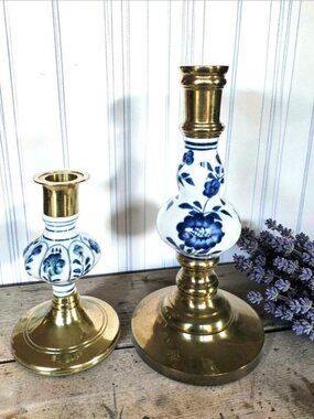 Blue & White Porcelain Brass Candle Holders Set Of 2 Floral Design